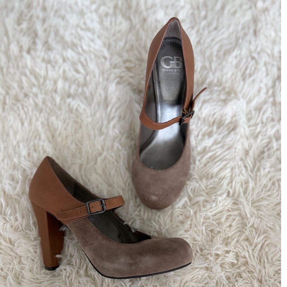 Gianni Bini Brown‎ Suede Leather Block Heel Mary Jane Pumps Size 8.5M